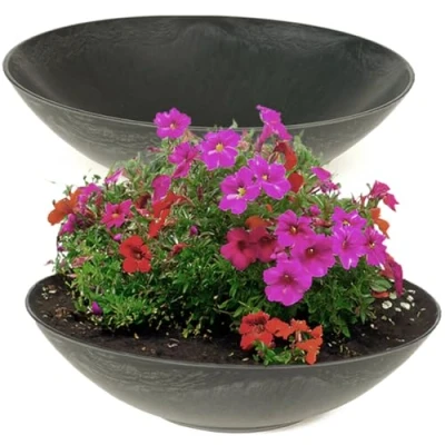 Afbeelding van matches21 Set van 2 grote weerbestendige bloempotten 45 cm voor buiten, decoratieve kommen in zwart gemarmerd als bloempot, platte tuinbak bloemen, bonsai of