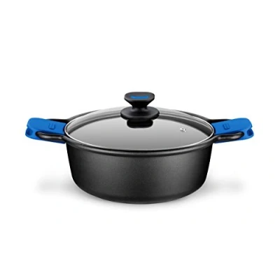 Afbeelding van Monix SOLID steelpan met glazen deksel en siliconen handgrepen, 8 liter, aluminium, zwart blauw, 32 cm