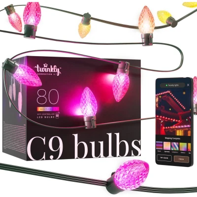 Afbeelding van Twinkly C9 lampen App gestuurde LED lichtslinger met 80 RGB (16 miljoen kleuren) LED&#039;s 24,4m Groene kabel Slimme buitenverlichting