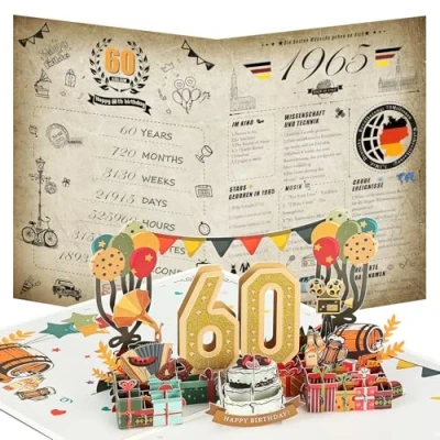 Afbeelding van Joyoldelf Verjaardagskaart 60 jaar, dagboek 1965, 3D pop up wenskaart met envelop, vintage verjaardagscadeau voor mannen en vrouwen