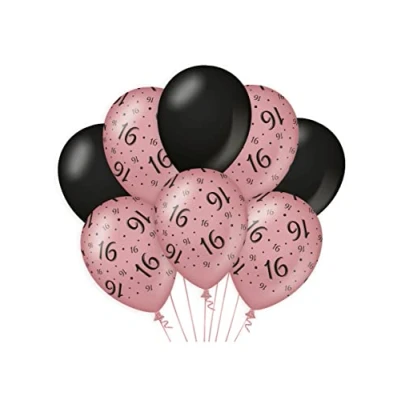 Afbeelding van Ballonnen 16 jaar Rose Goud/Zwart per 8 stuks