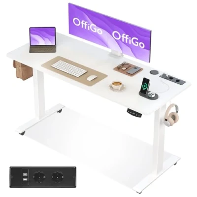 Afbeelding van OffiGo Bureau, zittend, staand, 140 cm, elektrisch zittend bureau met USB poort, stabureau 2 geheugeninstellingen, in hoogte verstelbaar voor kantoor, thuis, wit