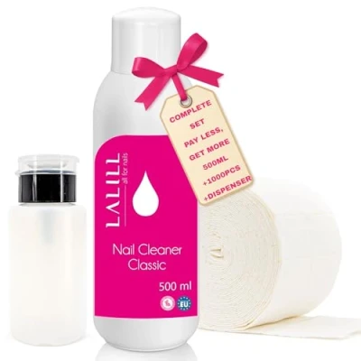 Afbeelding van LALILL Nagelreiniger, ontvetter 500 ml, set nagelreiniger reinigingsdoekjes pompfles 200 1000 pads, voor gelnagels, hybride en borstel