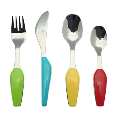Afbeelding van Exzact kinderbestek 4 delige set roestvrij staal/peutergerei/bestek 1 x vork, veilig dinermes, dinerlepel, dessertlepel met illustraties (kleur glimlacht)