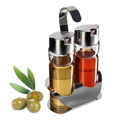 Afbeelding van KADAX olie en azijndispenser met standaard, transparante glazen container metalen deksel, oliedispenser, kruidenflessen, azijnflessen (zilver)