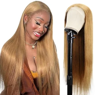 Afbeelding van Tuheerst Straight Human Hair Wig Blonde 4X4 Lace Remy Glueless Wear and Go with Baby 100% Unprocessed Brazilian Virgin No Smell Tangle for Woman 14 Inch
