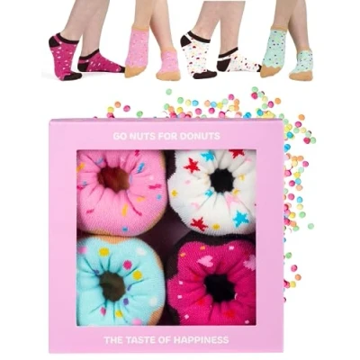 Afbeelding van SOXO Dames Donut Sokken Set 4 Paar Maat 35 40 Leuke Cadeau Verpakking Grappige Comfortabele Dameskousen Originele Cadeauset Unieke voor Vrouwen