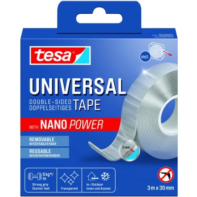 Afbeelding van tesa Dubbelzijdig plakband, universeel, transparant, gemakkelijk te verwijderen en herbruikbaar, weerbestendig, voor binnen buiten, 1 rol, 3 m x 30 mm