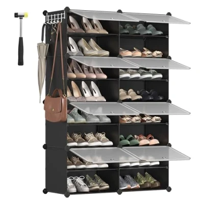 Afbeelding van Schuhopberg met 8 vakken, Schoenenkast, 30 x 40 cm per vak, smal, deuren, Stalen frame, Kunststof, voor Hal, Slaapkamer, Entree, zwart LPC034B01