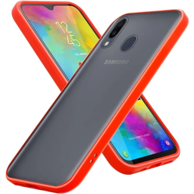 Afbeelding van Cadorabo Hoesje geschikt voor Samsung Galaxy M20 in Mat Rood Zwarte Knopen Hybride beschermhoes met TPU siliconen Case Cover binnenkant en matte plastic achterkant