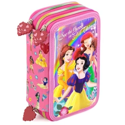 Afbeelding van Clondo Drievoudig gevulde etui voor kinderen, 45 schoolaccessoires, 3 ritssluitingen, georganiseerde vakken, kleurpotloden, viltstiften, lijm, schaar, meisjes en jongens, Princess 25,