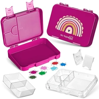 Afbeelding van Bento Box lunchbox voor kinderen, met 4 + 2 vakken, extreem robuust, lunchbox, ideaal kinderopvang en school (paars, regenboog)