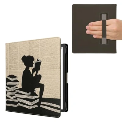 Afbeelding van kwmobile E reader hoesje geschikt voor Amazon Kindle Scribe (2022/2024) hoes flip case met magneetsluiting Ereader cover Meisje boeken design in zwart / beige