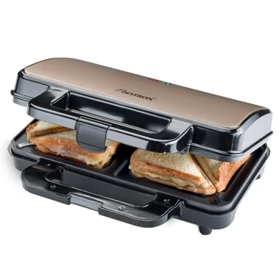 Image de Bestron Appareil à croque monsieur XL anti adhésif pour 2 sandwichs, avec réglage automatique de la température et indicateur préparation, 900 W, couleur : beige clair/satin
