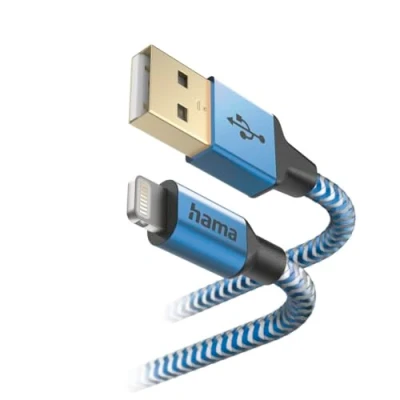 Afbeelding van Hama Reflective USB A naar Lightning Kabel Oplaadkabel geschikt voor iPhone / iPad Gevlochten nylon MFI gecertificeerd 2,4A 2.0 480Mbps 150cm Blauw