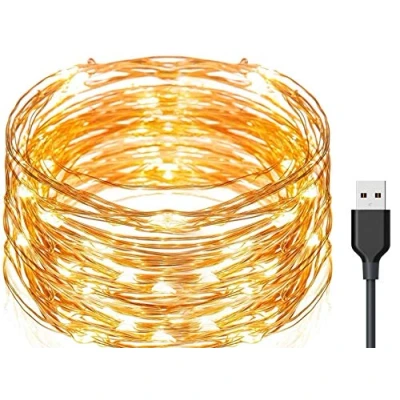 Afbeelding van Exporee led lichtsnoer, 20 m, 200 leds, USB voeding, waterdicht, fee, koperdraad, voor hek, terras, tuin, boom, kerstfeest, bruiloft, warm wit