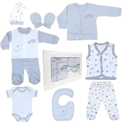 Afbeelding van Blue Eyes Pasgeboren cadeauset, 100% natuurlijk katoen, eerste uitrusting, uniseks, babykleding 0 4 maanden, 8 stuks (sterrengrijs)