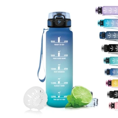 Afbeelding van Grsta drinkfles voor kinderen, lekvrij, 500 ml, jongens en meisjes, herbruikbare met tijdmarkering, schaal school, kantoor, outdoor, blauw/groen