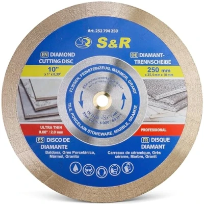 Afbeelding van S&amp;R Diamantdoorslijpschijf 250 x 25,4 7 mm (1,6 extra dun), doorslijpschijf voor het schoon scheiden van tegels, porselein, keramiek, aardewerk, graniet, marmer, tafelzaag, tegelsnijmachine