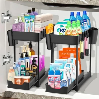 Afbeelding van HIYAA Opslag onder de gootsteen, 2 etages, organizer uittrekbare lade, keukenrek, kruidenrek, multifunctionele opbergmand voor badkamer, zwart, stuks