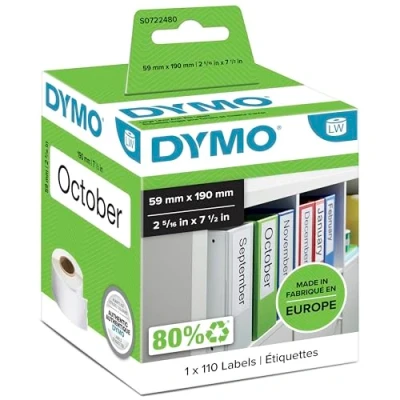 Afbeelding van DYMO LW Originele etiketten voor boogmappen, 38 mm x 190 mm, 110 rollen, zwarte druk op witte achtergrond, LabelWriter labels