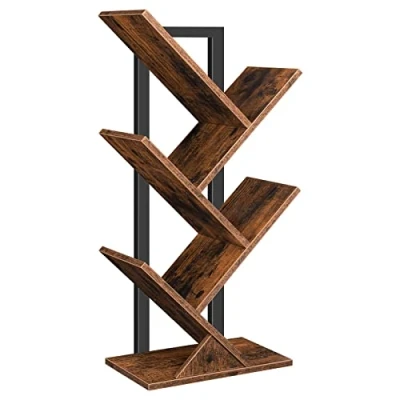 Afbeelding van Boekenplank, 4 laags staand rek, houten dvd rek boomvormig metalen voor woonkamer studeerkamer kinderkamer vintage bruin