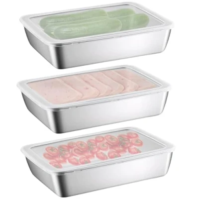 Afbeelding van Nivofu Set van 3 roestvrijstalen lunchboxen met kunststof deksel, luchtdichte opbergdozen voor koekjes, salade, groenten