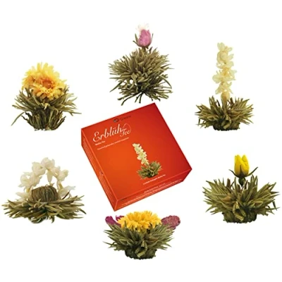 Afbeelding van Creano Theebloemen Mix &quot;ErblühTee&quot; in een edele geschenkdoos voor het proeven van witte thee (6 verschillende soorten theerozen)