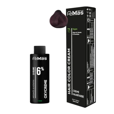 Afbeelding van Femmas Haarverfset lichtbruin mahonie rood 5,56 I Hair Color Cream 100 ml + oxycrème crème 6% permanente haarkleur ontwikkelaar zacht en duurzaam haarverf