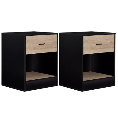 Afbeelding van Lot de 2 tables chevet OLGA bois noir et tiroir façon hêtre