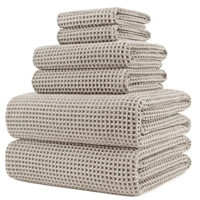 Afbeelding van POLYTE Set van 6 extra grote badhanddoeken, microvezel, sneldrogend, pluisvrij, 76 x 152 cm, beige (wafelweefsel)