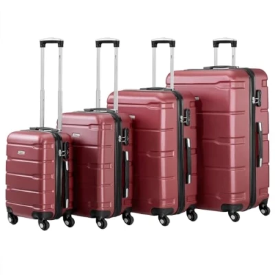 Afbeelding van Zelsius Bagageset van 4 stuks, harde schaal, ABS, met cijferslot, wielen en binnenwand, handbagagekoffers, trolley, grote koffers, bagageset, Rood, delig