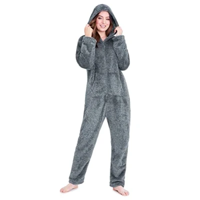 Afbeelding van Damespyjama, rompertje voor dames, all in one onesie, van fleece, S XL., grijs.