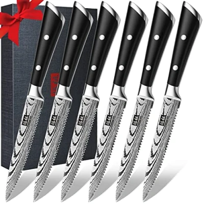 Afbeelding van SHAN ZU Set van 6 steakmessen, tafelmessen, tafelzaagmes, 12 cm, steakmessen roestvrij staal met hoog koolstofgehalte geschenkdoos