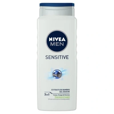 Afbeelding van NIVEA MEN Sensitive 3 in 1 douchegel (1 x 500 ml), voor heren de gevoelige huid, zachte reiniging lichaam, haar en gezicht, douchezeep met bamboe extract