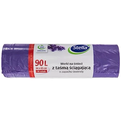 Afbeelding van Stella 009916 Vuilniszakken met trekkoord, 90 l, lavendelgeur, voor huishoudelijk afval en kantoor, gemaakt van LDPE folie, granulaat kleur: lavendel/paars, 10 stuks