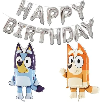 Afbeelding van Toyland® Bluey &amp; Bingo 2 stuks folieballonnen met figuren van 80 cm en 1 zilveren Happy Birthday banner 40,6 feestdecoraties voor kinderen