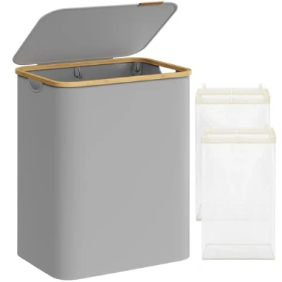 Afbeelding van SONGMICS LCB513G01 Wasmand met deksel, 2 vakken, 130 liter, uitneembare zak, Oxford stof, handgrepen van bamboe, opvouwbaar, 52 x 38,5 70,5 cm, duifgrijs