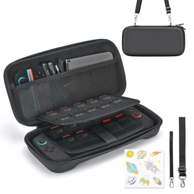 Afbeelding van Younik Étui de transport compatible avec NS Switch2, étui 19 emplacements pour cartes jeu, accessoires Switch2 bandoulière, dragonne et autocollants (noir)