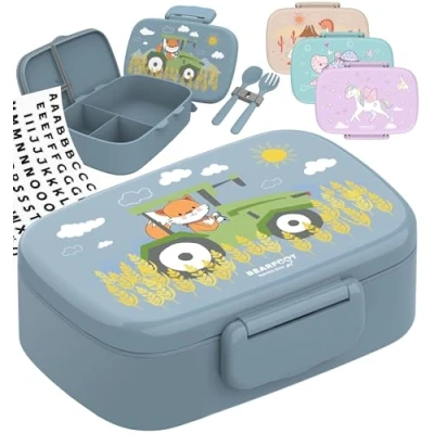Afbeelding van Bearfoot Lunchbox voor kinderen met vakken, BPA vrij, meisjes en jongens, 100% waterdicht, kleuterschool, school (vos op tractor)