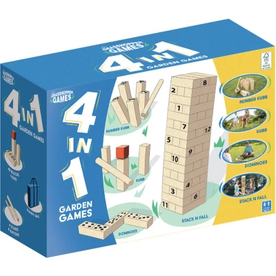 Afbeelding van Grasshopper 4 in 1 Houten Garden Games Kubb/Domino/Jenga