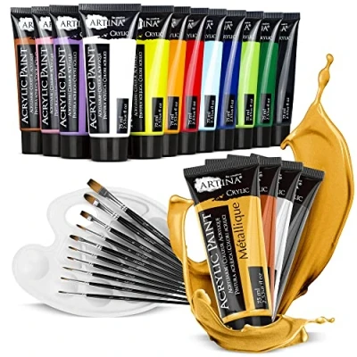 Afbeelding van Artina Bergamo 27 delige Beginners Acrylverf Set met 12 Acrylverven à 75 ml, 4 Metallic Acryl Verf, van 10 Penselen &amp; 1 Mengpalet