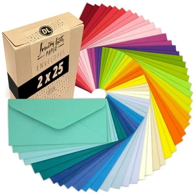 Afbeelding van Japun 50 gekleurde enveloppen in een set (2 x 25 kleuren) van papier, envelop zonder venster DIN lang 220 110 mm 120 g/m² gekleurd