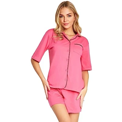 Afbeelding van Pyjama voor dames, shorts en overhemd, katoen, pyjamaset knoopsluiting, vooraan, korte pyjama, loungewear, nachtkleding, meisjes, jongeren, zomer, maten S XL, Roze/Zwart
