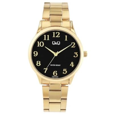 Afbeelding van Q&amp;Q C10A 013PY Horloge Analoog Unisex stalen band Rond Metaal Cijfers Goudkleurig Zwart