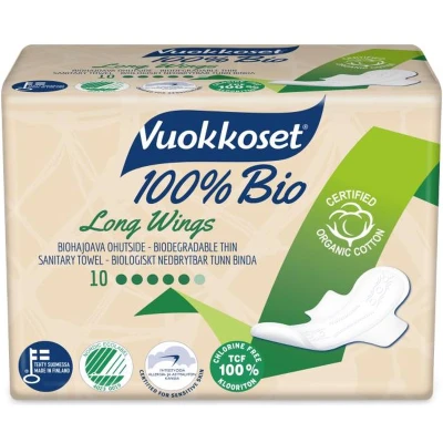Afbeelding van Vuokkoset Bio Maandverband Long Wings 10 stuks