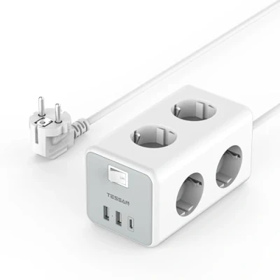 Afbeelding van TESSAN stekkerdoos met 6 stopcontacten en USB C, 9 in 1 schakelaar, verdeelstekkerdoos, 2 m verlenging voor thuiskantoor.