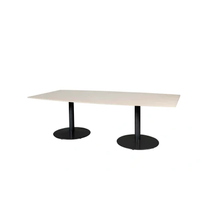 Afbeelding van Linesto 240x120cm tonvormige vergadertafel op vaste hoogte (74cm) met lindberg (licht) eiken 25mm blad en zwarte (RAL9005) trompetvoeten