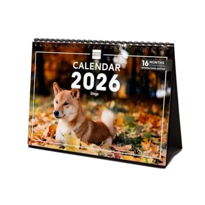 Afbeelding van Finocam Bureaukalender 2026, 1 maand per pagina, januari december 2026 + zeven 2025 (4 maanden) verlaagd Kalender Afbeeldingen Honden Internationaal