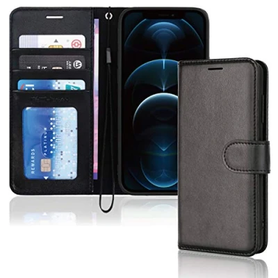 Afbeelding van TECHGEAR Beschermhoes voor iPhone 12 Pro Max, portefeuille, leer, met beschermklep, kaartsleuven, standaard en polsband, PU zwart, compatibel Max 6,7 inch